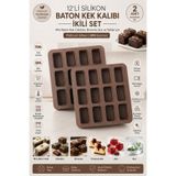 Stork 2'li Set 12'li Silikon Baton Kek Kalıbı 25X25X3 cm | Platinum Silikon Mini Baton Kek, Brownie, Çikolata, Cheesecake, Granola Bar, Buz ve Tatlı Kalıbı | Bpa Içermez