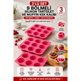 Stork 3 Adet 9 Bölmeli Silikon Tartolet ve Muffin Kek Kalıbı - Yapışmaz Çiçek Formlu Pişirme Seti