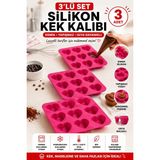 Stork 3 Adet 9'lu Kalp Şekilli Silikon Kek ve Çikolata Kalıbı - Pembe Mini Muffin ve Lokmalık Tatlı Kalıbı