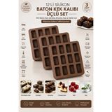 Stork 3'lü Set 12'li Silikon Baton Kek Kalıbı 25X25X3 cm | Platinum Silikon Mini Baton Kek, Brownie, Çikolata, Cheesecake, Granola Bar, Buz ve Tatlı Kalıbı | Bpa Içermez
