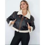 Stra Içi Kürklü Siyah Lamine Deri Ceket - L - XL