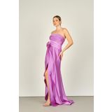 Straplez Anvelop Saten Abiye Elbise, Eflatun, 38