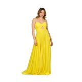 Straplez Pencere Detaylı Derin Yırtmaçlı Tül Abiye Elbise, Sarı, 40
