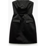 Straplez Yaka Cep Detaylı Saten Bodycon Kolsuz Dar Kesim Mini Abiye Elbise