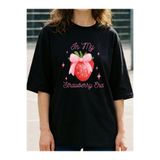 Strawberry Era Çilek Kurdele Baskılı Oversize Pamuklu Kadın Siyah T-shirt kmn39sb