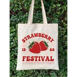 Strawberry Festival, Çilek Festivali Tasarımlı Ham Bez Ince Tote Bag, Bez Çanta, Kitap Çantası - --