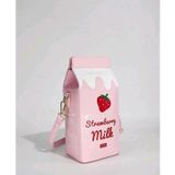Strawberry Milk Tasarımlı Pembe Çapraz Askılı Çanta, PU Deri | Telefon Bölmeli, Ayarlanabilir Askı, Altın Toka Detay, Kawaii Tarz, Günlük Kullanım