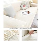 Streç Lastikli Esnek Yikanabilir Kare Desen Berjer 3 Kişilik Koltuk Örtüsü Koltuk Kılıfı (Bir Adet) - 180 x 230 cm - Krem
