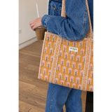 Strippe Çiçek Desenli Hardal Pamuklu Kumaş Günlük Omuz Çantası - Tote Bag