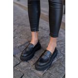 StWenn Kadın Kalın Taban Loafer Makosen Ayakkabı Biyeli Siyah