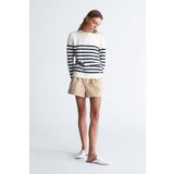 Styleboom X Peraluna BARDOT PULLOVER Omzu Düğmeli Çizgili Organik Pamuk Mevsimlik Kadın Triko Kazak Ekru/Lacivert