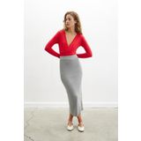 Styleboom X Peraluna DEVON BODYSUIT V Yaka Uzun Kol Alttan Çıtçıtlı Kadın Triko Body - Kırmızı
