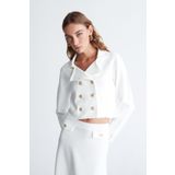 Styleboom X Peraluna KATHY BLAZER Çelik Örgü Crop Kruvaze Blazer Kadın Triko Ceket Ekru