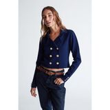 Styleboom x Peraluna Kathy Blazer Çelik Örgü Crop Kruvaze Blazer Kadın Triko Ceket - Lacivert - XL