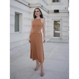 Styleboom X Peraluna VIVIEN SKIRT Düğme Detaylı Diz Altı Kloş Kadın Triko Etek Camel