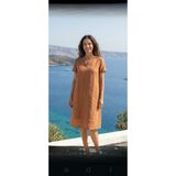 STYLENEST Keten Elbise Kadın Günlük Rahat Yazlık Kısa Kol Midi Elbise Cepli Oversize 42-48 Beden