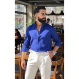 Stylo Men Erkek Saks Mavi Slim Fit Likralı Gömlek