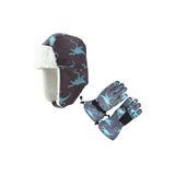 Su Geçirmez Erkek Çocuk Bere Eldiven Set 4-8 Yaş Kayak Snowboard Bere Eldiven Gri Mavi Dino