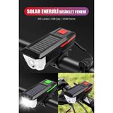 Su Geçirmez Güneş Enerjili LED Işıklı Bisiklet Farı - Kornalı USB ile Şarj Edilebilir Fener - 11 cm