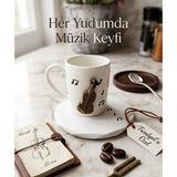 Su Tasarım Evi [özel Tasarım] El Yapımı Hediyelik Keman Müzik Fincan + Keman Figürlü Tabak Türk Kahvesi Fincanı - Kahverengi