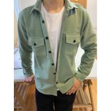 Su Yeşili Erkek Slim Fit Düğmeli Yaka Çift Cepli Düz Oduncu Gömlek Yeşil