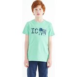 Su Yeşili Ön Yazı Nakışlı O Yaka Standart Kalıp Erkek Çocuk T-Shirt - 11118