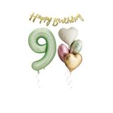 Su Yeşili Renk Rakam Kalp Balon Happy Bırthday Yazılı Doğum Günü Seti Yaş 9