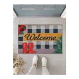 Suare Concept Welcome Yazılı Kırmızı Çizmeli Ekose Kapı Önü Paspası 40x60 cm - Yıkanabilir Kaymaz Taban Paspas