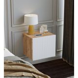 Suba Home Mdf - 40 cm Subahome Duvara Monte Ahşap Dokulu Şık Beyaz Kapaklı Komodin Modern Çok Amaçlı Dolap - Atlantik Çam - Beyaz