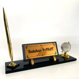 Suba Kristal Masa Üstü Cam Isimlik Kalem ve Dünya Aksesuarlı Füme Hediye Seti C3