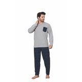 Sude HOMEWEAR AÇIK GRİ ÜST CEPLİ ALT MAVİ KARELİ ERKEK PİJAMA TAKIMI