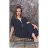 Sude Homewear Ercan Kadın Kısa Kol Lacivert Gömlek Pijama Takımı - Lacivert-10