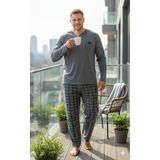 Sude HOMEWEAR Erkek Antrasit Renk Yarım Pat Düğmeli Uzun Kol Büyük Beden Pijama Takımı