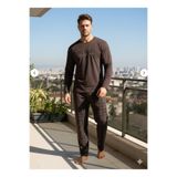 Sude HOMEWEAR Erkek Kahverengi Önü Yazılı Uzun Kol Büyük Beden Pijama Takımı