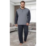 Sude HOMEWEAR Erkek Lacivert Yarım Pat Düğmeli Uzun Kol Büyük Beden Pijama Takımı