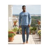 Sude HOMEWEAR Erkek Mavi Renk Önü Yazılı Uzun Kol Büyük Beden Pijama Takımı