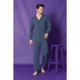 Sude HOMEWEAR Erkek Petrol Mavisi Uzun Kollu Önden Düğmeli Süprem Kumaş Pijama Takımı Petrol Mavisi L