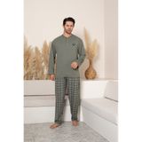 Sude HOMEWEAR Erkek Yeşil Renk Yarım Pat Düğmeli Uzun Kol Büyük Beden Pijama Takımı