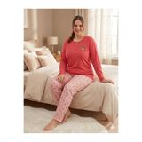 Sude HOMEWEAR Kadın Uzun Kol Nar Çiçeği Rengi Büyük Beden Pijama Takımı