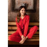 Sude HOMEWEAR Kırmızı Renk Biyeli Pamuklu Gömlek Uzun Kol Pijama Takımı