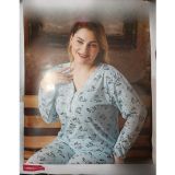 Sude Kadın Bambu Büyük Beden Uzun Kol V Yakası Nakışlı İnce Pijama Takımı P/4331- 1 Adet Mavi-2XL