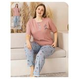 Sude Kadın Büyük Beden Düğme Yaka Penye Kısa Kol Ince Pijama Takımı P127 - 1 Adet - Pudra - 2XL