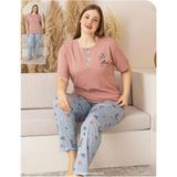 Sude Kadın Büyük Beden Düğme Yaka Penye Kısa Kol Ince Pijama Takımı P127 - 1 Adet - Pudra - 3XL