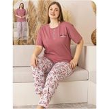 Sude Kadın Büyük Beden Düğme Yaka Penye Kısa Kol Ince Pijama Takımı P134 - 1 Adet - Gül Kurusu - 2XL