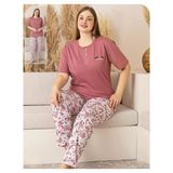 Sude Kadın Büyük Beden Düğme Yaka Penye Kısa Kol Ince Pijama Takımı P134 - 1 Adet - Gül Kurusu - 4XL