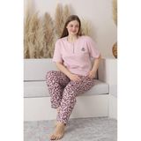 Sude Kadın Büyük Beden Düğme Yaka Penye Kısa Kol Ince Pijama Takımı P146 - 1 Adet - Pembe - 2XL