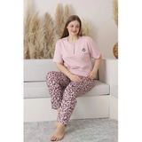 Sude Kadın Büyük Beden Düğme Yaka Penye Kısa Kol Ince Pijama Takımı P146 - 1 Adet - Pembe - 4XL