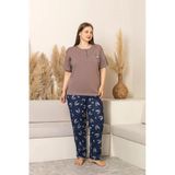 Sude Kadın Büyük Beden Düğme Yaka Penye Likralı Kısa Kol Ince Pijama Takımı P284 - 1 Adet - Kahverengi - 3XL