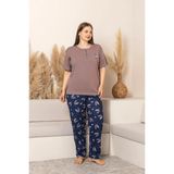 Sude Kadın Büyük Beden Düğme Yaka Penye Likralı Kısa Kol Ince Pijama Takımı P284 - 1 Adet - Kahverengi - 5XL