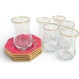 Sudedi Home 6 Kişilik Çay Bardağı ve Kırmızı Altıgen Çay Tabağı Seti - 150 ml
